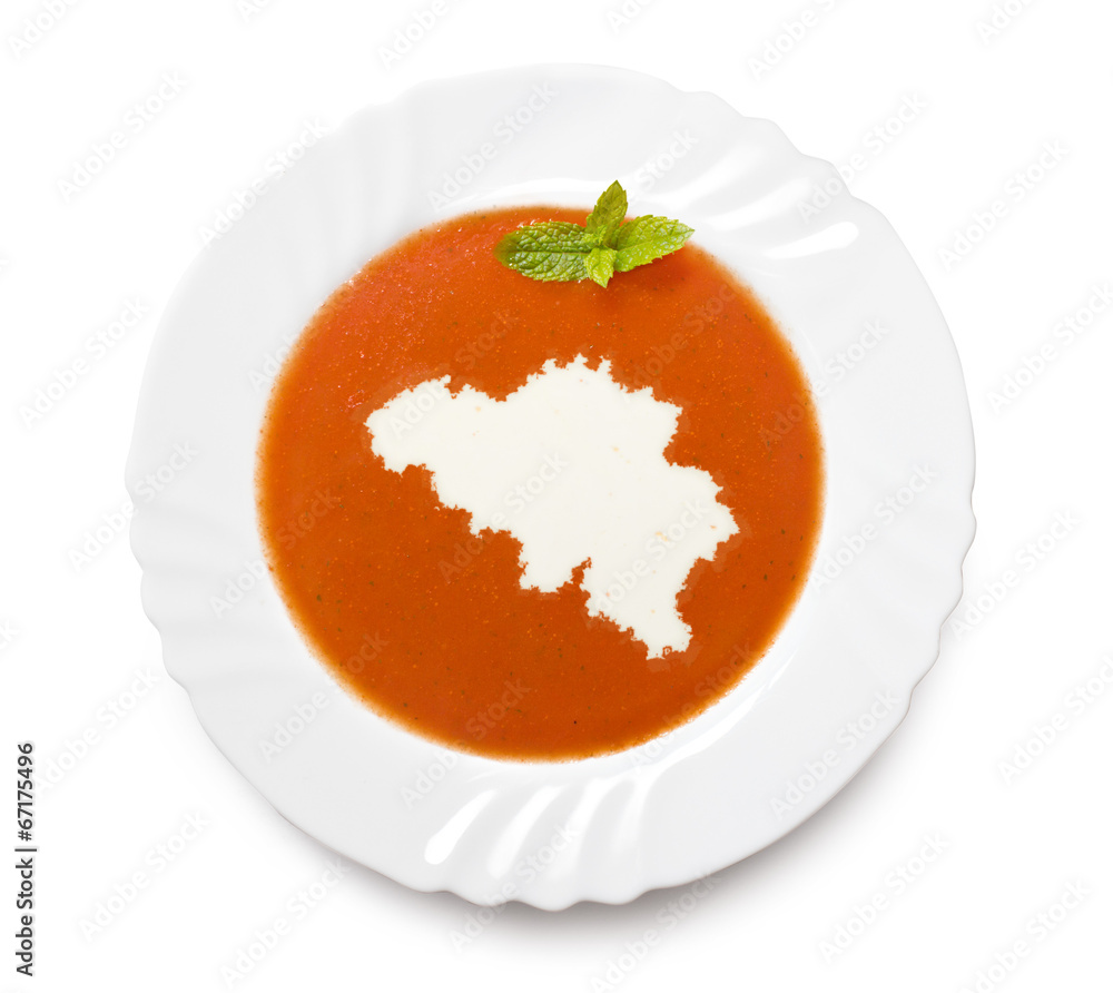 Plate tomato soup with cream in the shape of Belgium.(series) Plate tomato soup with cream in the shape of Belgium.(series)