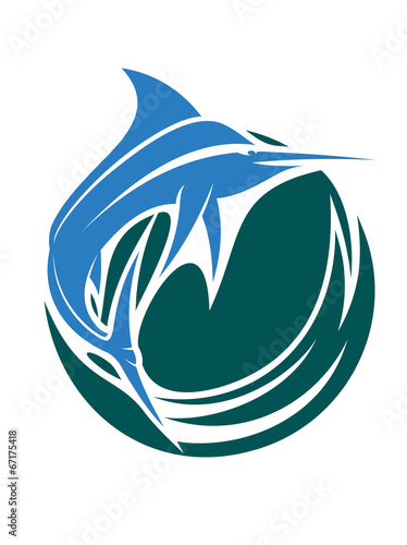 Sport fishing icon with a leaping swordfish or marlin