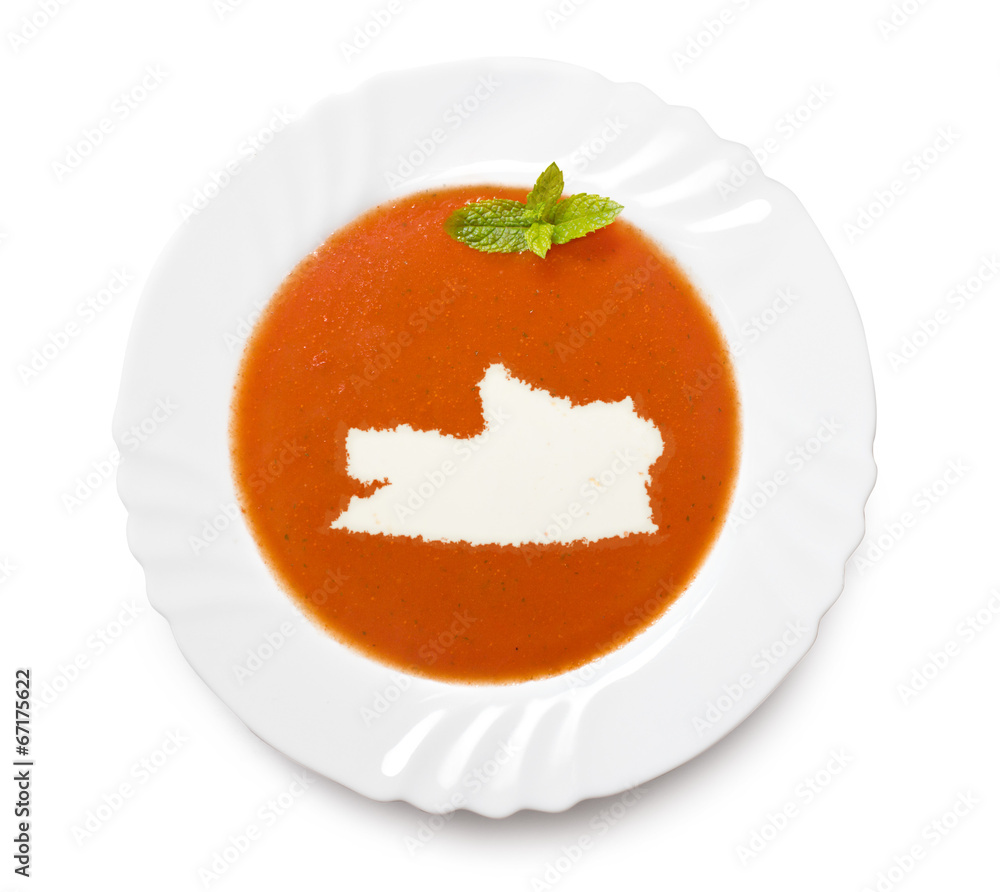 Plate tomato soup with cream in the shape of Russian Federation. Plate tomato soup with cream in the shape of Russian Federation.