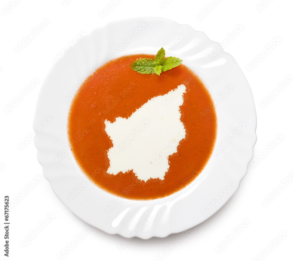 Plate tomato soup with cream in the shape of San Marino.(series) Plate tomato soup with cream in the shape of San Marino.(series)