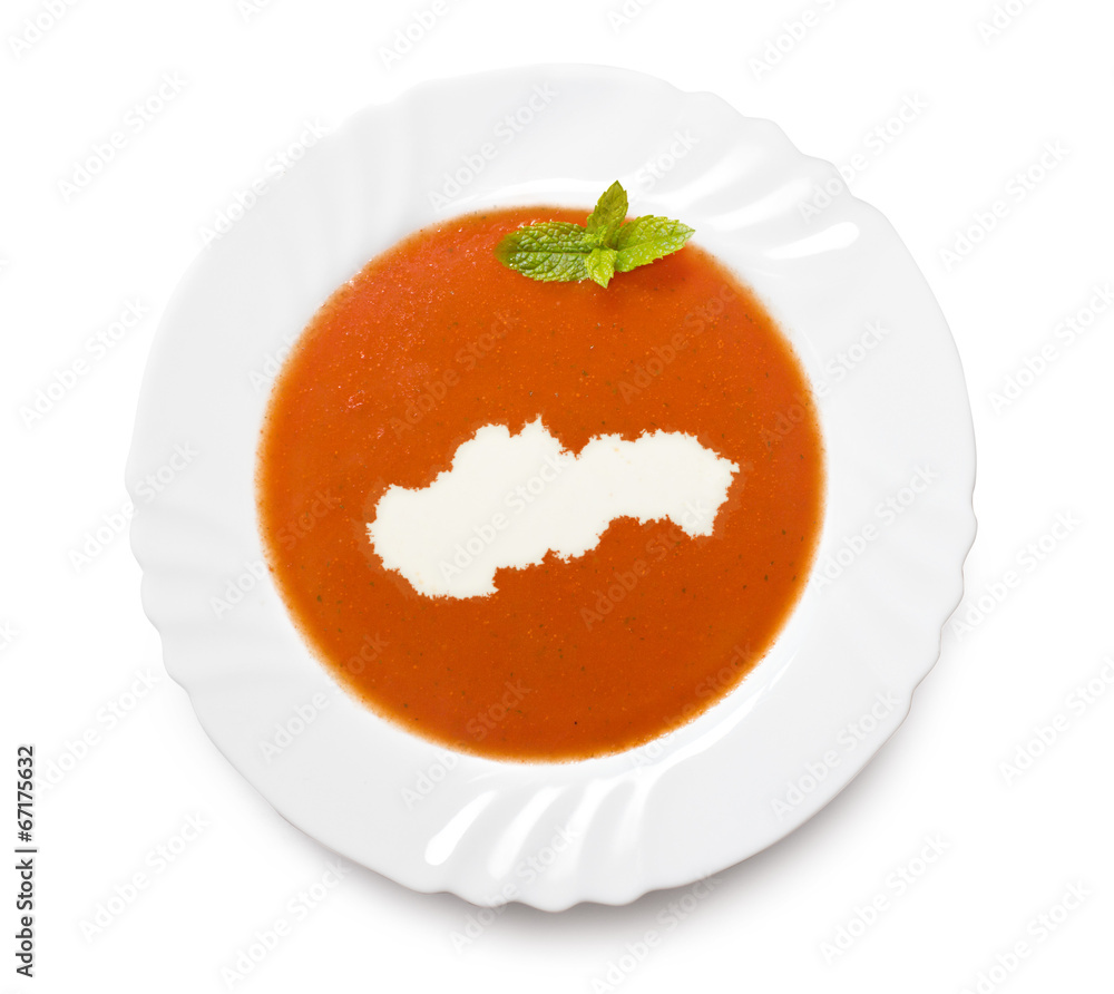 Plate tomato soup with cream in the shape of Slovakia.(series) Plate tomato soup with cream in the shape of Slovakia.(series)
