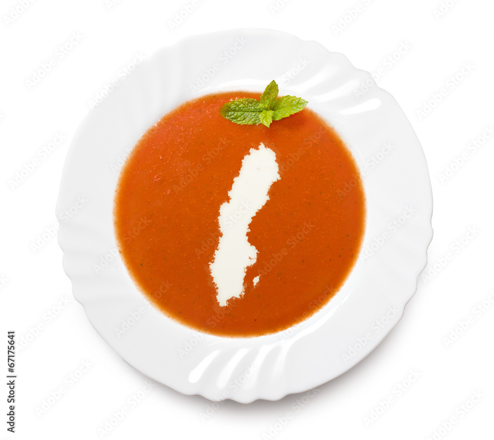 Plate tomato soup with cream in the shape of Sweden.(series) Plate tomato soup with cream in the shape of Sweden.(series)