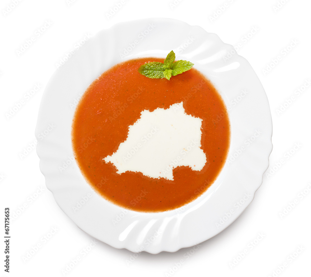 Plate tomato soup with cream in the shape of Vatican City.(serie