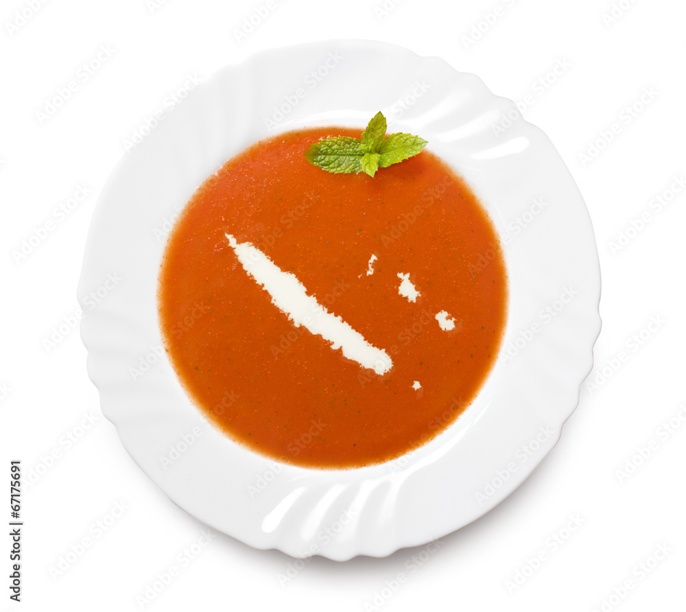 Plate tomato soup with cream in the shape of New Caledonia.(seri Plate tomato soup with cream in the shape of New Caledonia.(seri