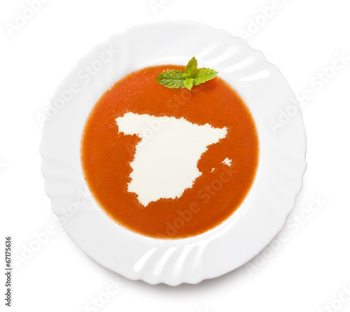 Plate tomato soup with cream in the shape of Spain.(series)