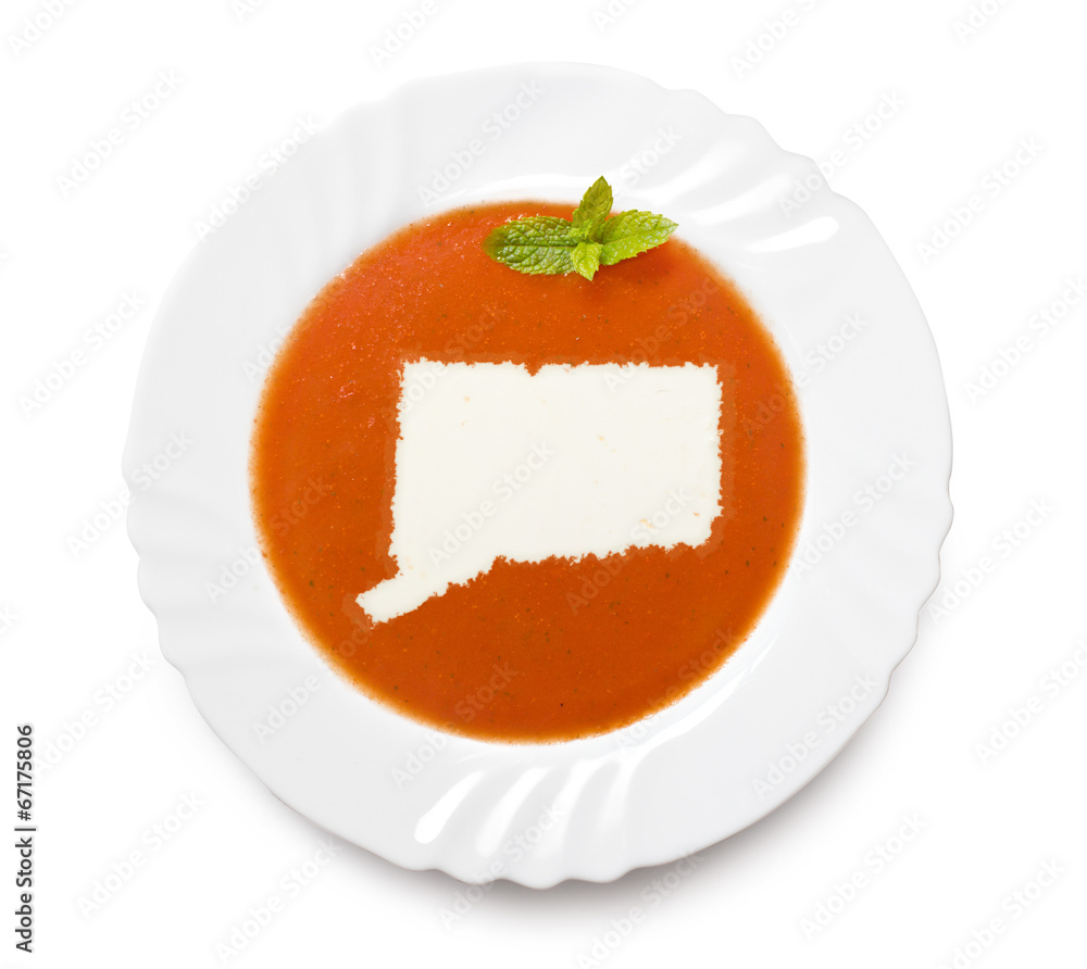 Plate tomato soup with cream in the shape of Connecticut.(series Plate tomato soup with cream in the shape of Connecticut.(series