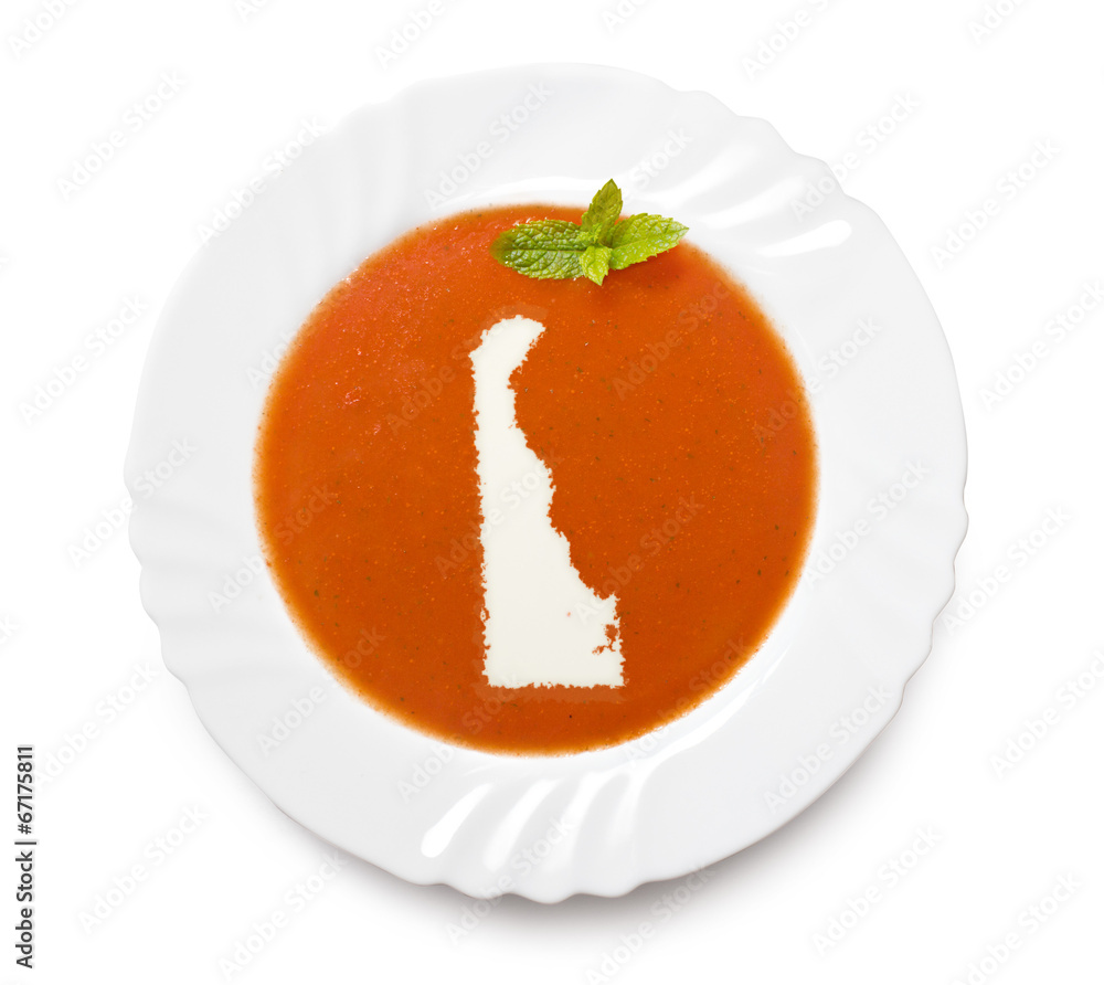 Plate tomato soup with cream in the shape of Delaware.(series) Plate tomato soup with cream in the shape of Delaware.(series)