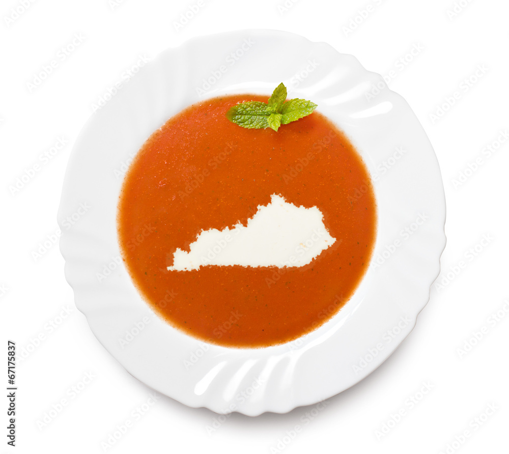Plate tomato soup with cream in the shape of Kentucky.(series) Plate tomato soup with cream in the shape of Kentucky.(series)