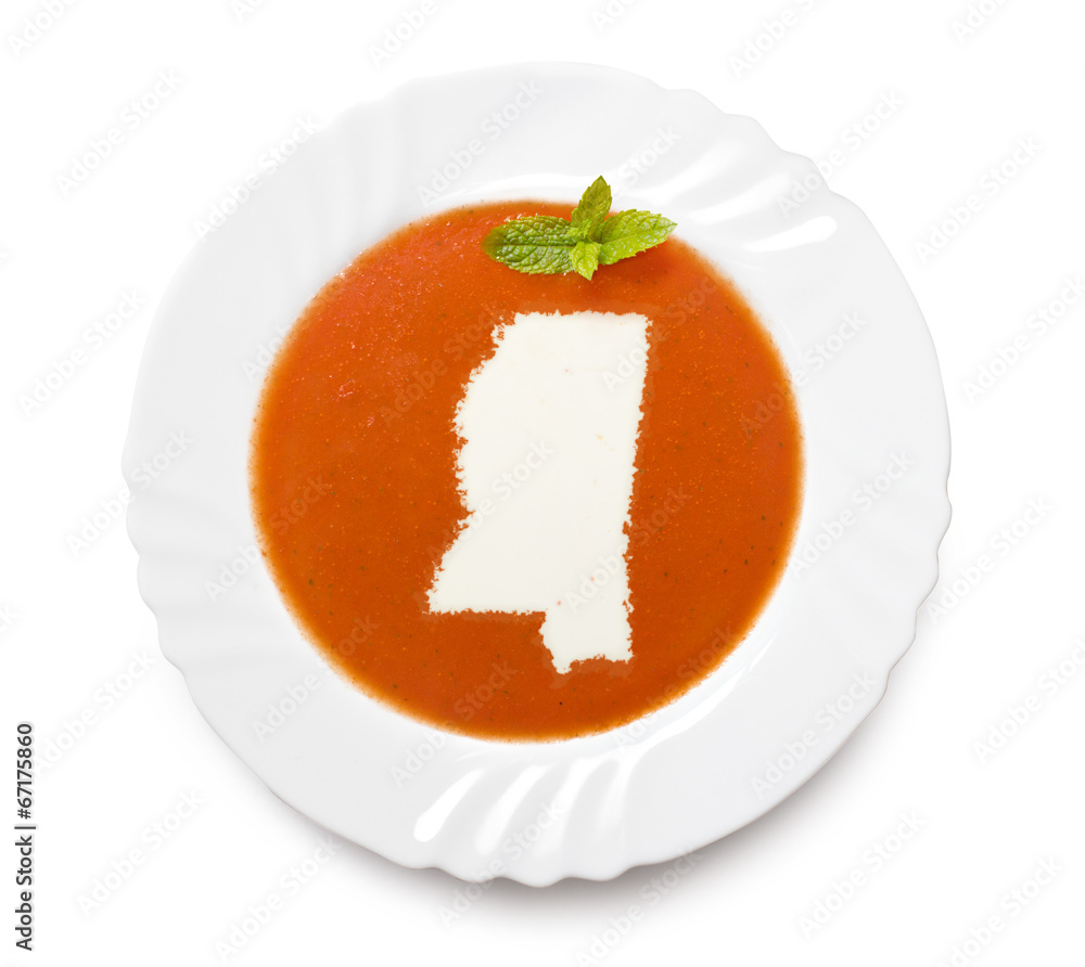 Plate tomato soup with cream in the shape of Mississippi.(series Plate tomato soup with cream in the shape of Mississippi.(series