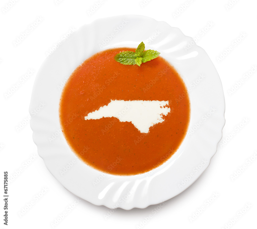 Plate tomato soup with cream in the shape of North Carolina.(ser Plate tomato soup with cream in the shape of North Carolina.(ser