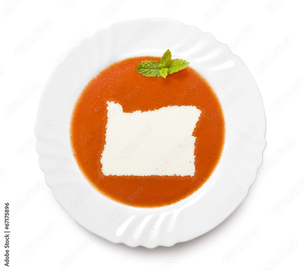 Plate tomato soup with cream in the shape of Oregon.(series) Plate tomato soup with cream in the shape of Oregon.(series)