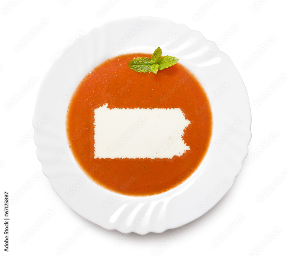 Plate tomato soup with cream in the shape of Pennsylvania.(serie Plate tomato soup with cream in the shape of Pennsylvania.(serie