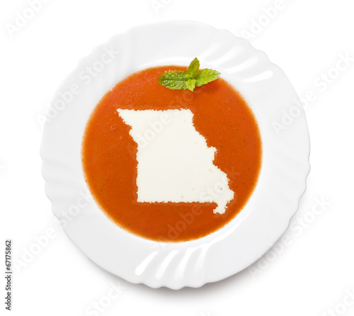 Plate tomato soup with cream in the shape of Missouri.(series)
