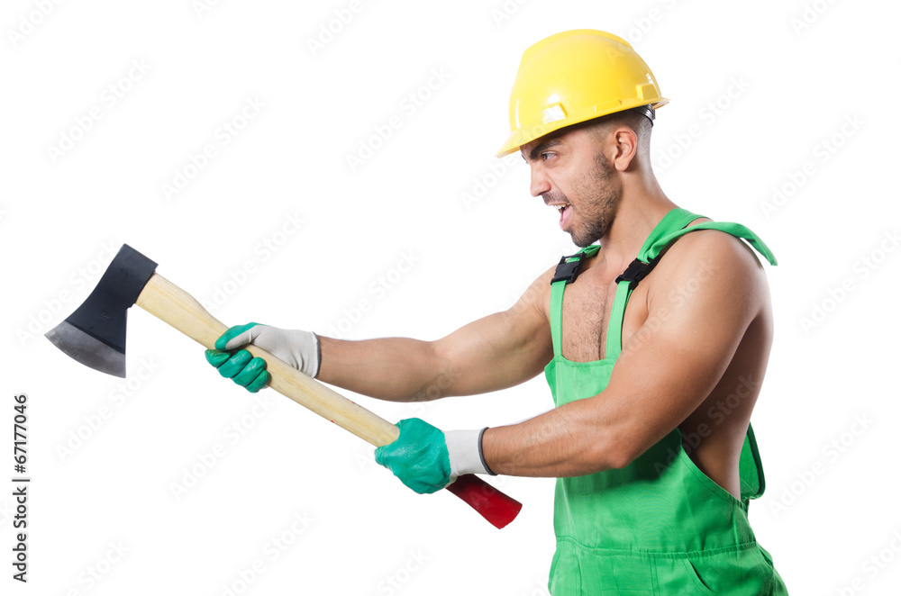 Worker with axe isolated on white Worker with axe isolated on white