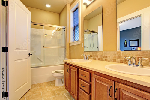 Bathroom interior with screened bath tub