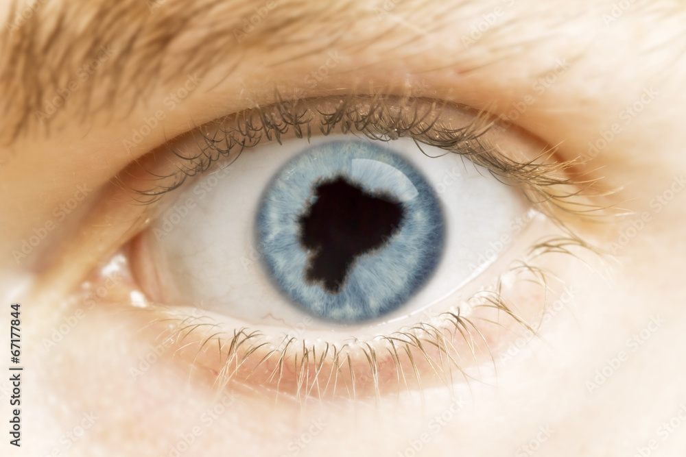 Close-up of an eye with the pupil in the shape of Ecuador.(serie Close-up of an eye with the pupil in the shape of Ecuador.(serie