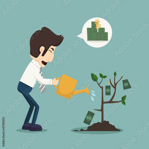 Businessman watering a plant of money