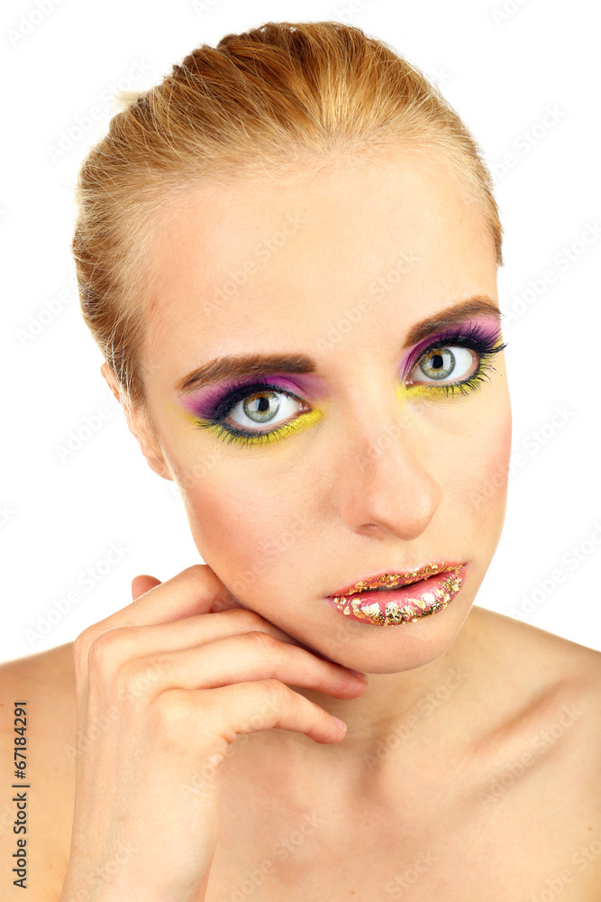 Beautiful woman with bright make-up, isolated on white Beautiful woman with bright make-up, isolated on white