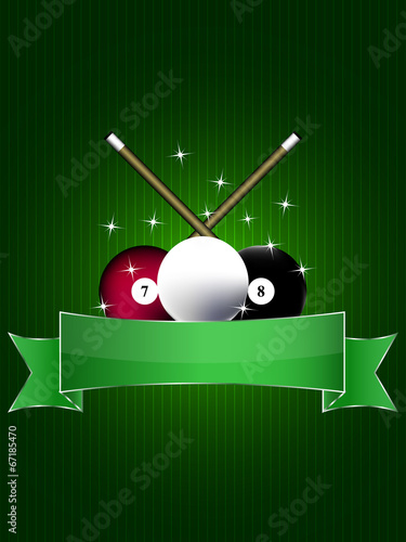 Billiard background with balls, stars and green label