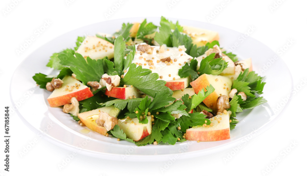 Green salad with apples, walnuts and cheese isolated on white Green salad with apples, walnuts and cheese isolated on white