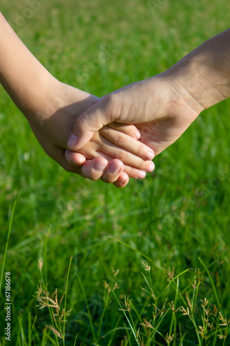 Kid and parent holding hands in the field © RedcupStudio