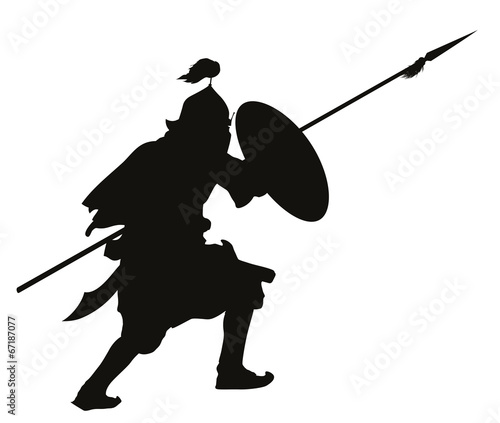 Oriental warrior with shield and spear vector silhouette
