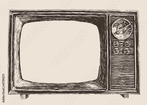 vintage TV, engraving illustration, hand drawing