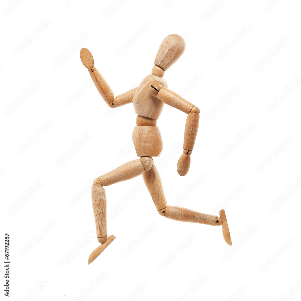 Wood model with running pose isolated on white Wood model with running pose isolated on white