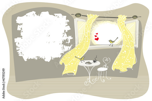 Card with flirting birds on an open window with copy space