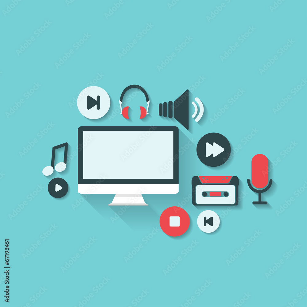 Abstract musical background with flat web icons.