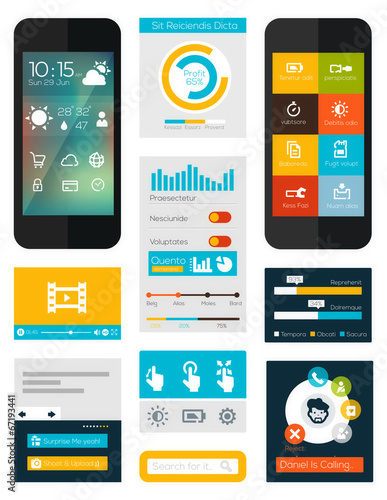 set of flat mobile elements, flat mobile phones and flat design