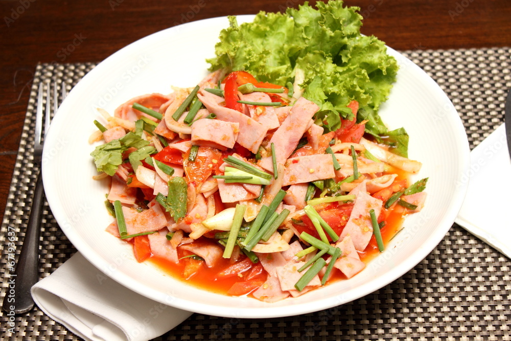 Smoke Ham Spicy Salad in Thai Style/selective focus. Smoke Ham Spicy Salad in Thai Style/selective focus.