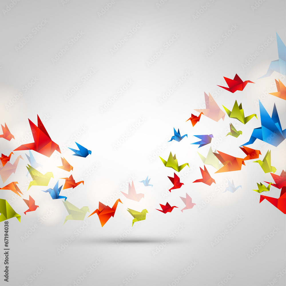 Origami paper bird on abstract background - obrazy, fototapety, plakaty 