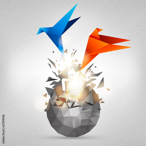 Origami paper bird on abstract background