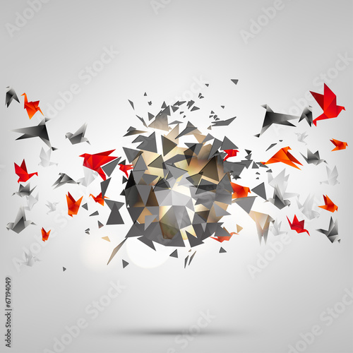 Origami paper bird on abstract background