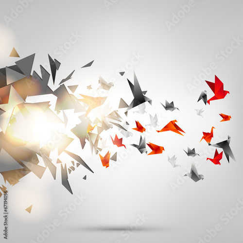 Origami paper bird on abstract background