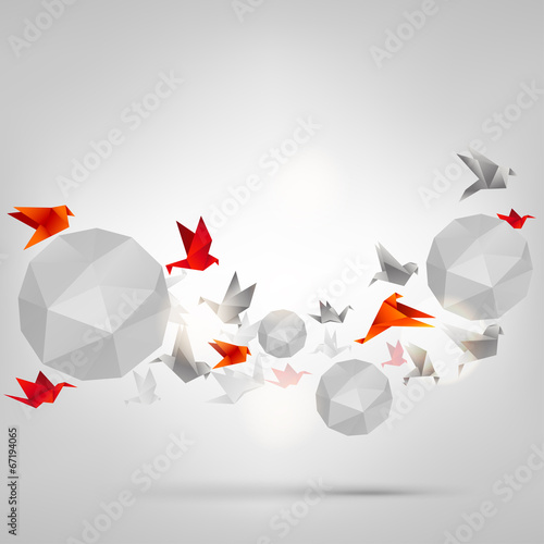Origami paper bird on abstract background
