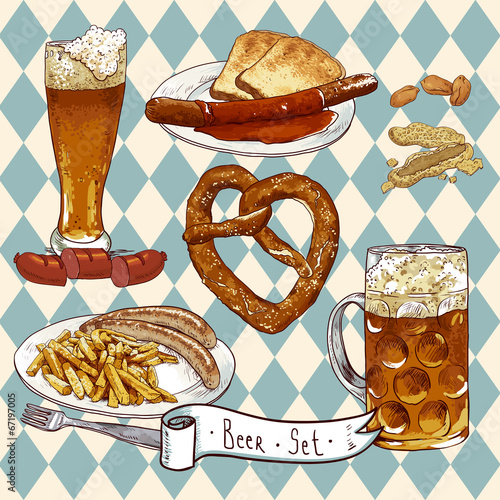 Beer Set with beer glasses, pretzel, sausages