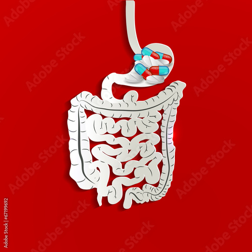 Stomach and pills inside, bright red background