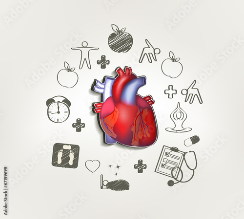 Healthy heart at the middle hand drawn tips around . Healthy foo