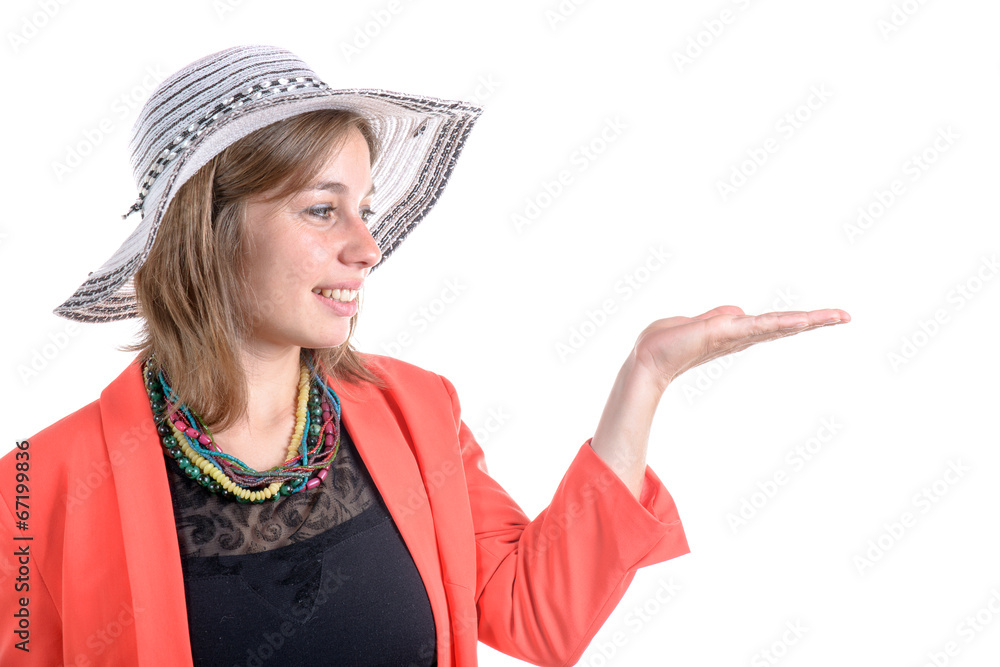 young woman looks at her handyoung woman looks at her hand