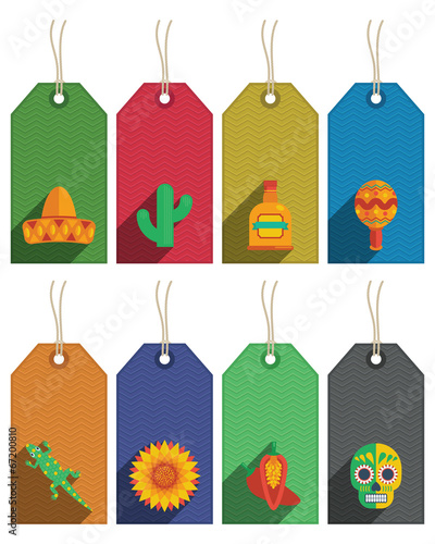 mexican gift tags vector sombrero cactus maraca dahlia lizard skull teuila clipart with copy space isolated on white photo