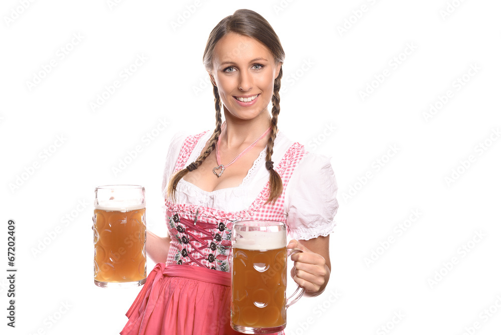 Kellnerin auf dem Oktoberfest mit Maßkrügen Kellnerin auf dem Oktoberfest mit Maßkrügen