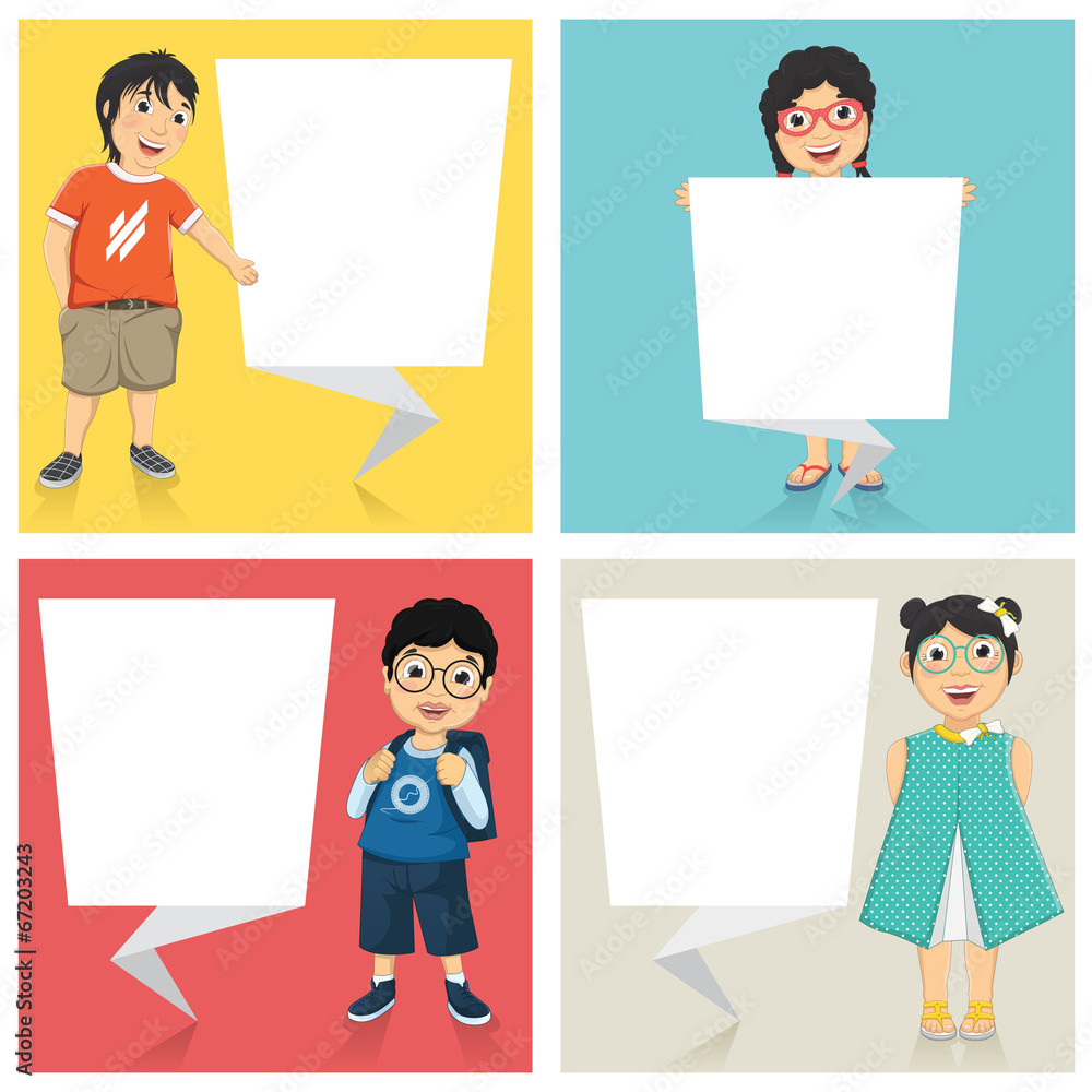 Vector Illustration Of Cute Children With Flat Origami Banners Vector Illustration Of Cute Children With Flat Origami Banners