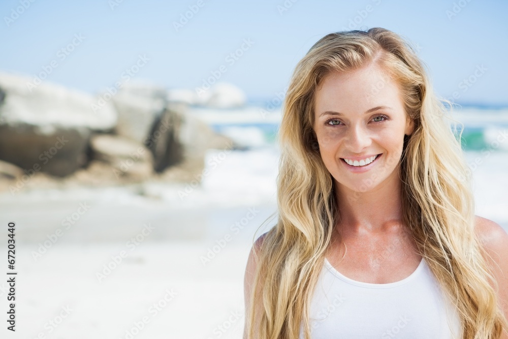 Gorgeous blonde smiling at camera on the beach Gorgeous blonde smiling at camera on the beach