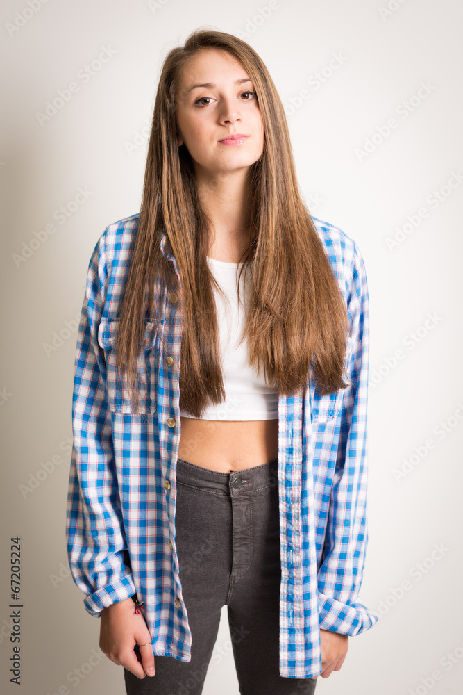 Beautiful Teen Girl in a White Top and Blue Shirt Beautiful Teen Girl in a White Top and Blue Shirt