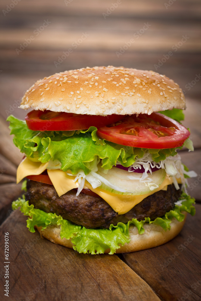 Hamburger on table close up Hamburger on table close up