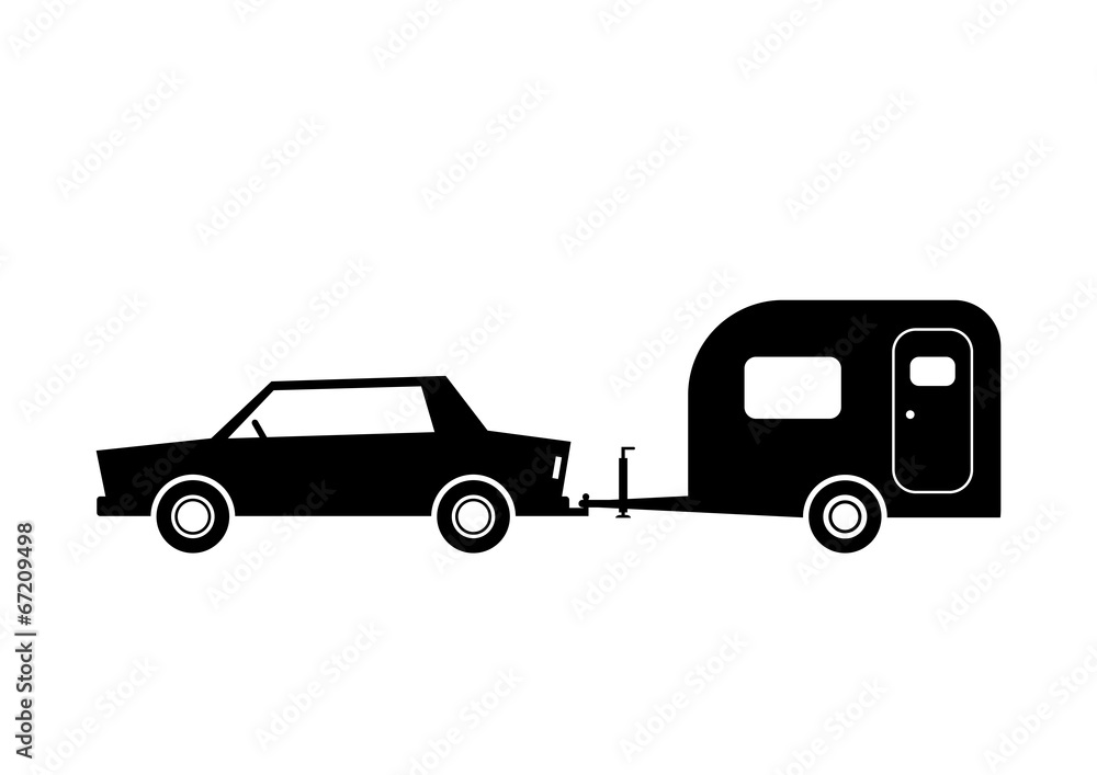 Car and caravan on white background