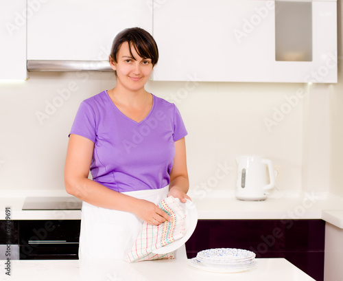 Smiling housewife cleaning the dinner plates