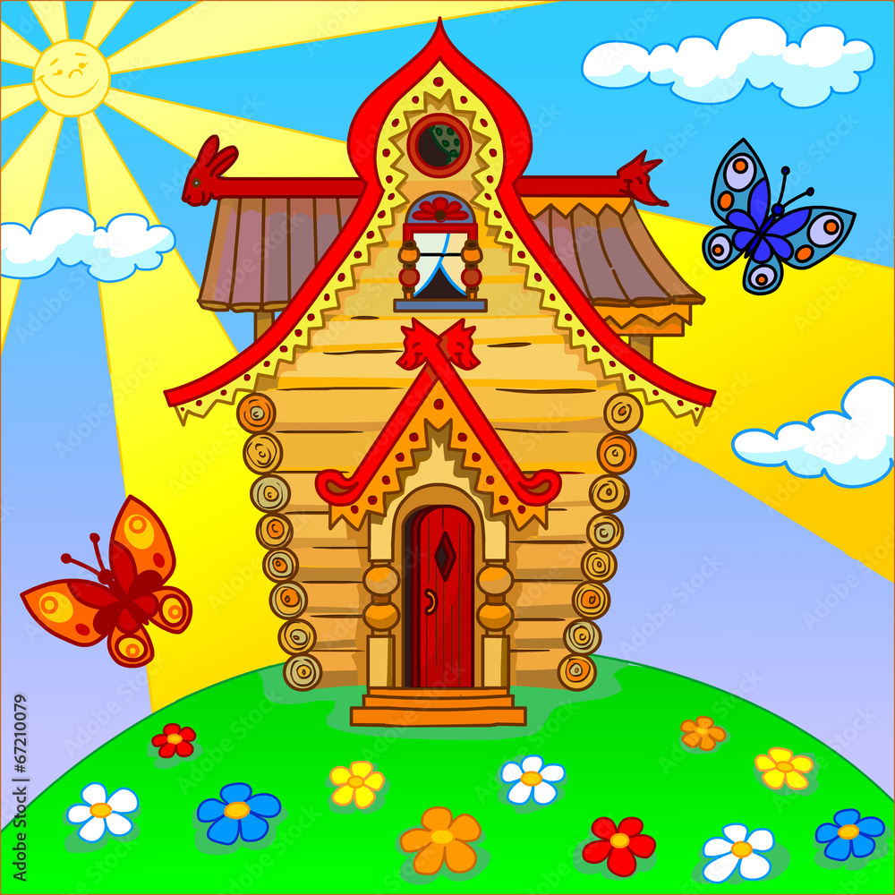 Illustration of a cartoon house on a green lawn.